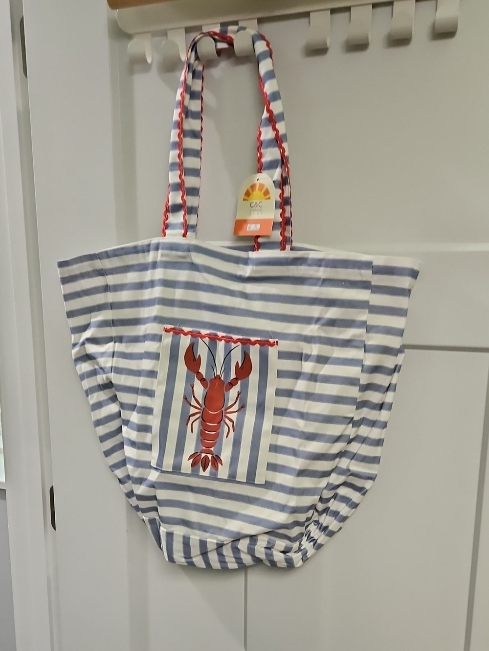 C.C Blue & White Striped Tote with Red Lobster Accent
